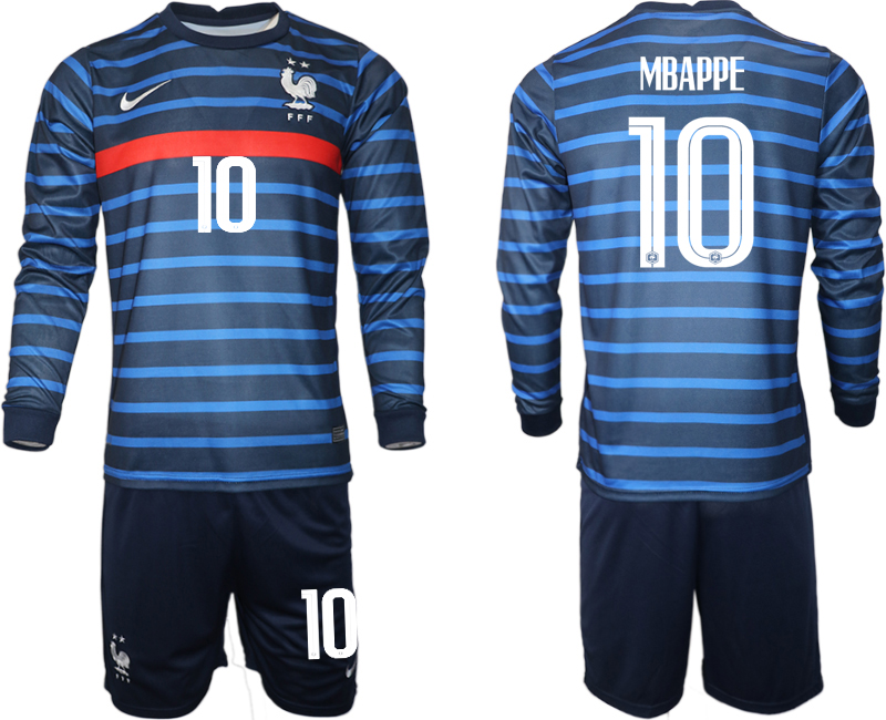 Men 2021 European Cup France home blue Long sleeve #10 Soccer Jersey->france jersey->Soccer Country Jersey